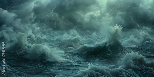 In digital artwork, the tumultuous ocean waves under a stormy sky are brought to life, portraying nature's fury with lightning and thunderclouds.