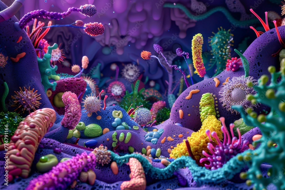 Create a whimsical interpretation of the microbial world within the human gut - obrazy, fototapety, plakaty 