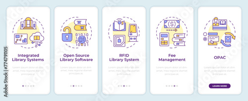 Library software onboarding mobile app screen. Books managing. Walkthrough 5 steps editable graphic instructions with linear concepts. UI, UX, GUI template. Montserrat Semibold, Regular fonts used