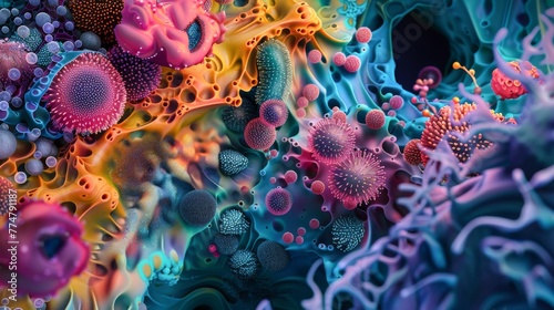 Experiment with surreal colors and patterns to represent the dynamic nature of probiotics in the gut