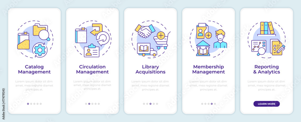 Library management software onboarding mobile app screen. Walkthrough 5 steps editable graphic instructions with linear concepts. UI, UX, GUI template. Montserrat Semibold, Regular fonts used Library management software onboarding mobile app screen. Walkthrough 5 steps editable graphic instructions with linear concepts. UI, UX, GUI template. Montserrat Semibold, Regular fonts used
