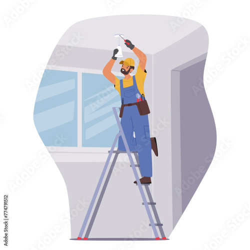 Professional Electrician Worker Character Installs A Ceiling Lamp At Home, Ensuring Proper Wiring And Fixture Placement