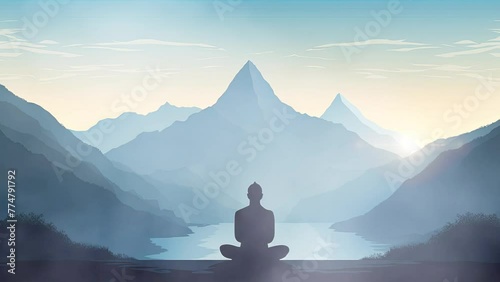 Person in lotus pose, is positioned against the backdrop of towering mountains, concept of inner harmony and balance. photo