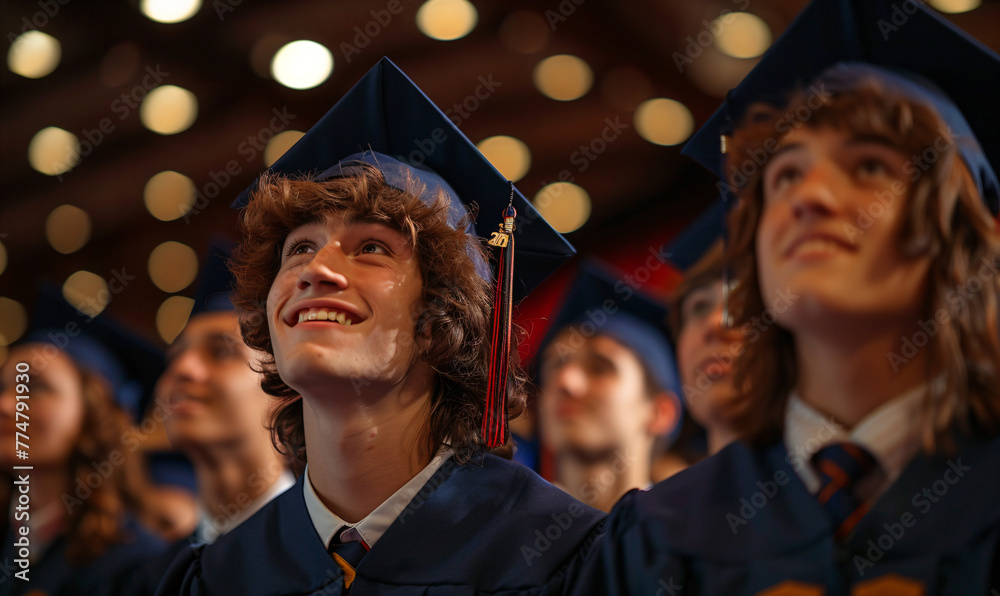 Graduates looking up with optimism. Close-up shot during graduation procession. Bright future concept. Design for invitation, flyer, congratulatory message Graduates looking up with optimism. Close-up shot during graduation procession. Bright future concept. Design for invitation, flyer, congratulatory message