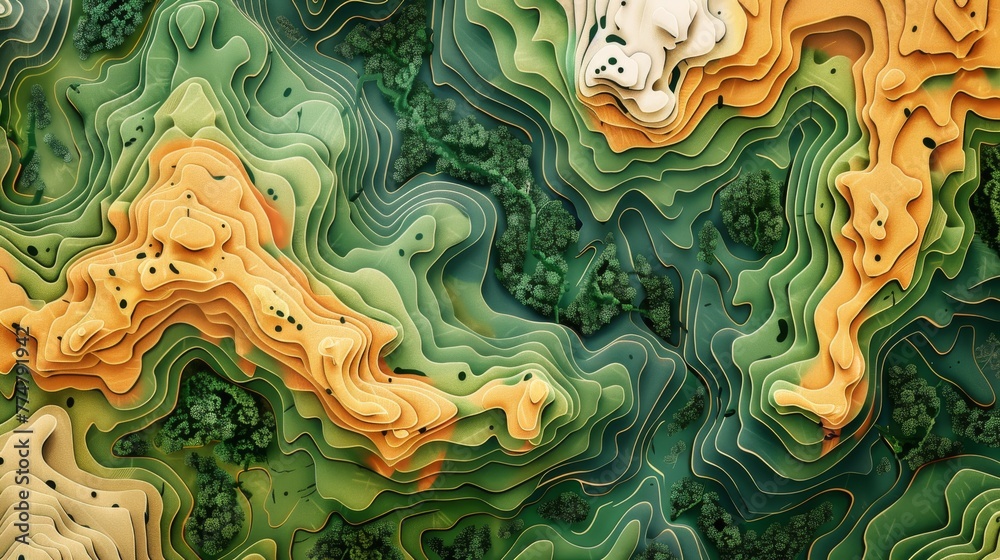 Aerial topographic map pattern, detailing the varied terrains of Wildlands from mountains to jungles and deserts, with elevation lines and waypoints created with Generative AI Technology - obrazy, fototapety, plakaty 
