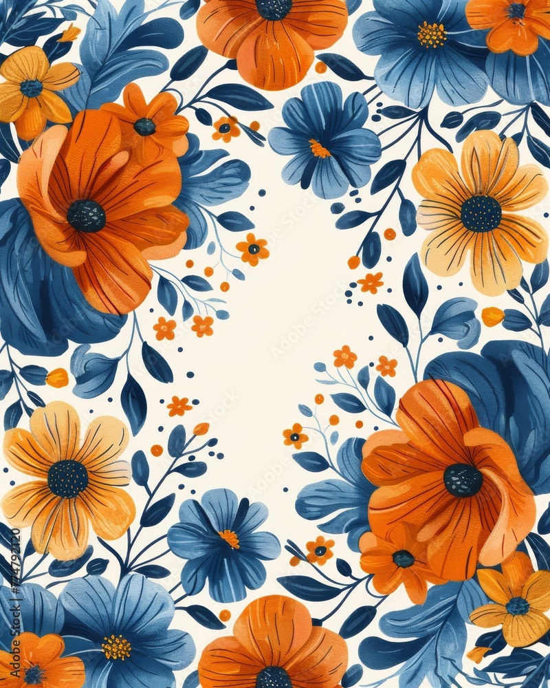 Fototapeta premium Orange and Blue Flower Pattern on White Background