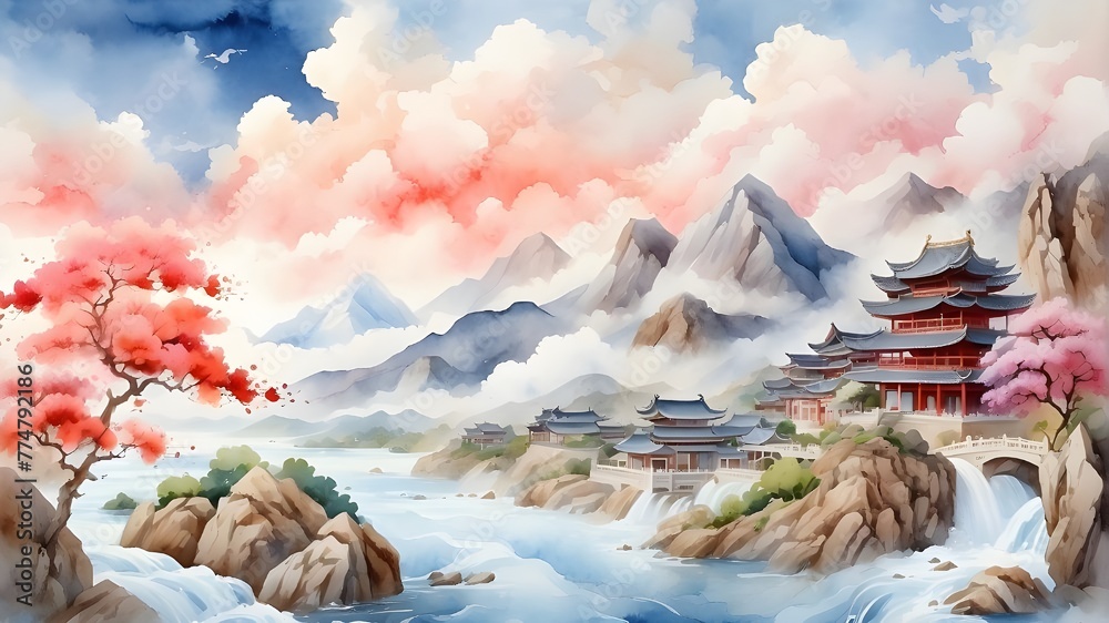 Watercolor painting wallpaper with an oriental background featuring clouds, mountains, rivers, and exquisite traditional Chinese or Japanese temple houses. Mountains, rivers, and clouds