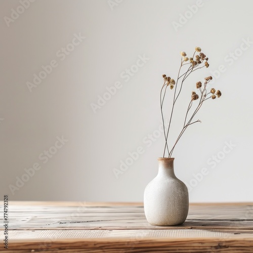 Empty wooden table with a single vase