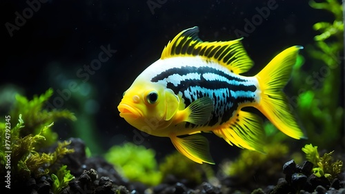 An aquarium featuring a bright fish up close on green-yellow algae set against a black background. Fish on coral with corals and water. An intense blue-and-yellow fish moving around different coral