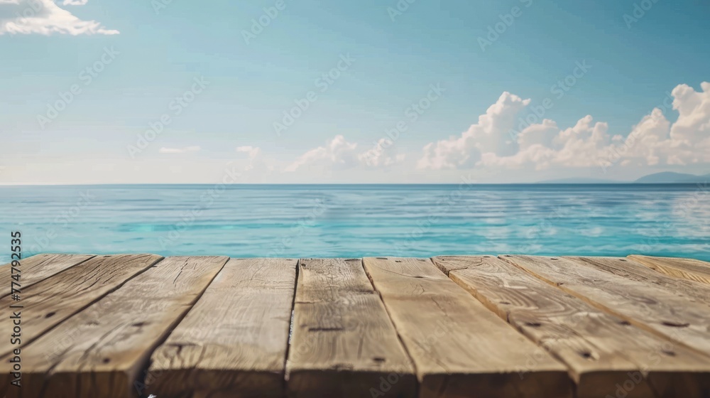 Empty wooden table by the sea calm ocean backdrop