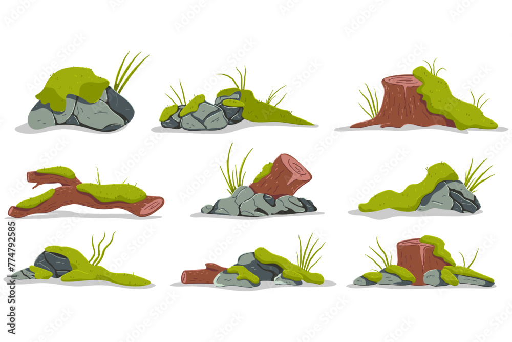 Wood logs, tree stumps, rocks and stones with moss and grass vector cartoon illustration set isolated on a white background.