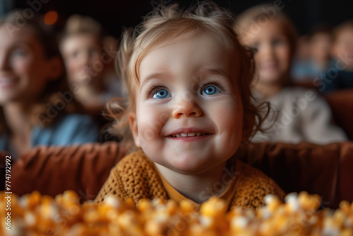 Happy little child watching movie in cinema