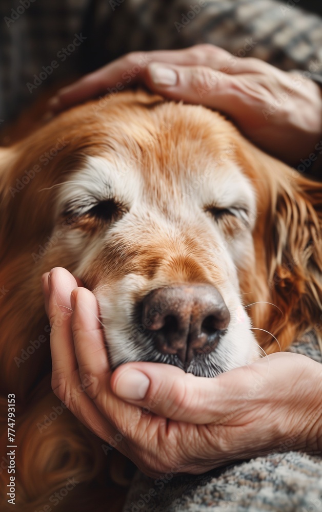 A photo of an old golden retriever dog with its head resting on a lap, gently touching its face with human hands in the style of human hands