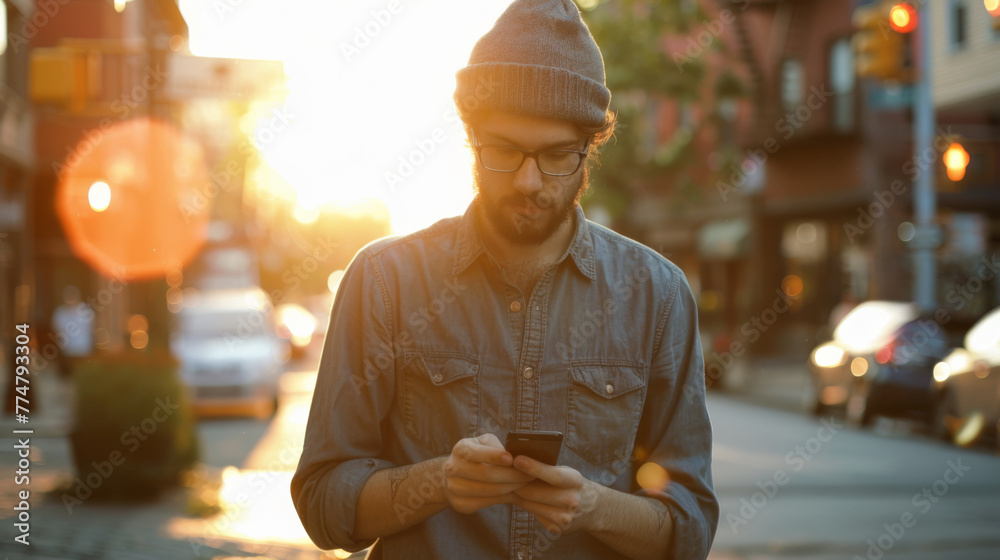 A person is using a smartphone on a city street at sunset.
