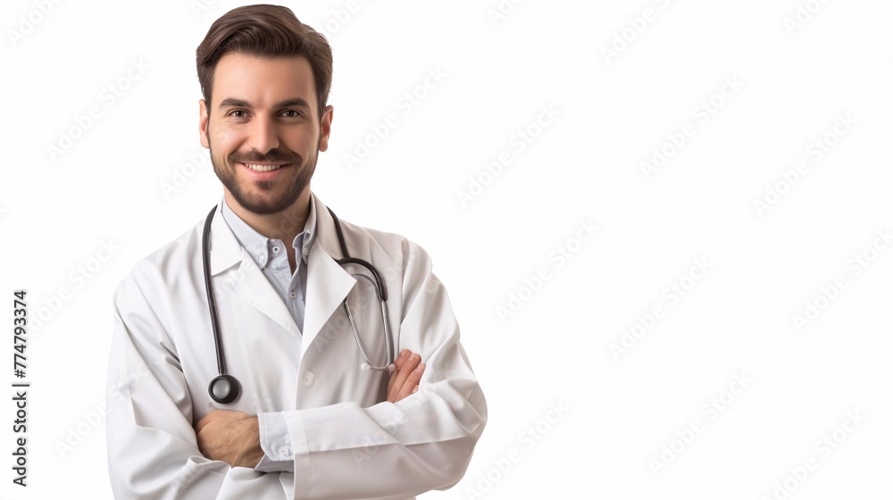 Male physician in a white lab coat grinning with teeth and positive medical findings gazing at the lens on a white backdrop, blank area for wording about well-being. Male physician in a white lab coat grinning with teeth and positive medical findings gazing at the lens on a white backdrop, blank area for wording about well-being.