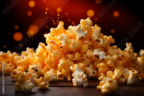 Big bag of popcorn of cheese or salted caramel flavor, close up. Tasty snack at cinema. Movie night, cinema background. Popcorn in theatre. Cinema poster concept on red background. 