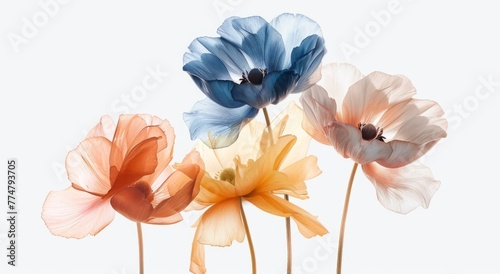 A vibrant mix of colorful flowers sit in a row on a white background #774793705