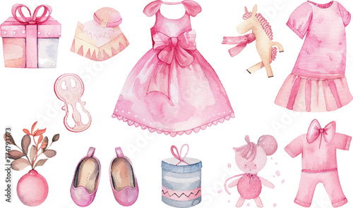 watercolor cute pink baby girl and accessories set, developed for newborn with text "babygirl", white background