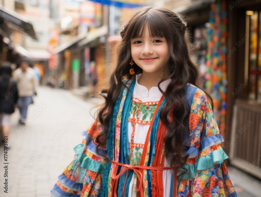 Little Girl in Colorful Dress Standing on Street Little Girl in Colorful Dress Standing on Street