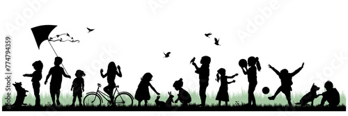 Children and pets silhouettes on white background. Little girls and boys playing outdoor. Vector illustration.   © Евгений Горячев