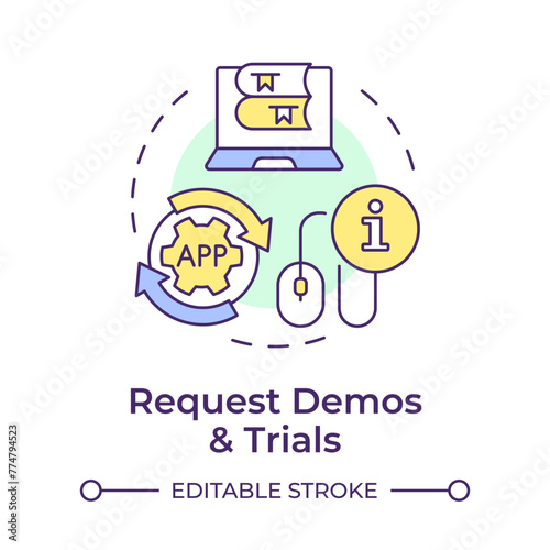 Request demos and trials multi color concept icon. Book preview, user experiences. Round shape line illustration. Abstract idea. Graphic design. Easy to use in infographic, blog post