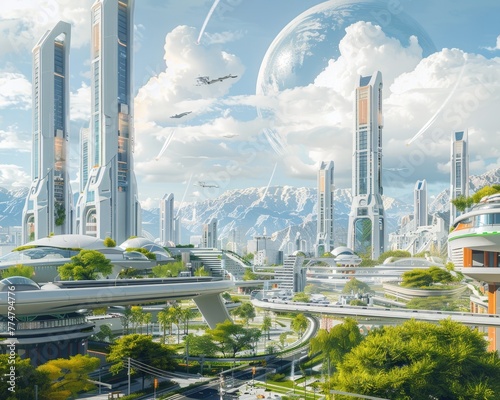 A concept art of a futuristic city symbolizing the success of human innovation and progress