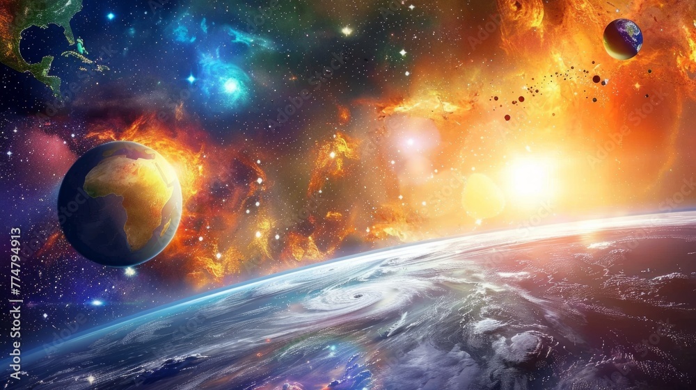 Vivid cosmic space scene with vibrant planets - A stunning visual of planets, stars, and nebulae showcasing the beauty and vastness of outer space in rich, vibrant colors