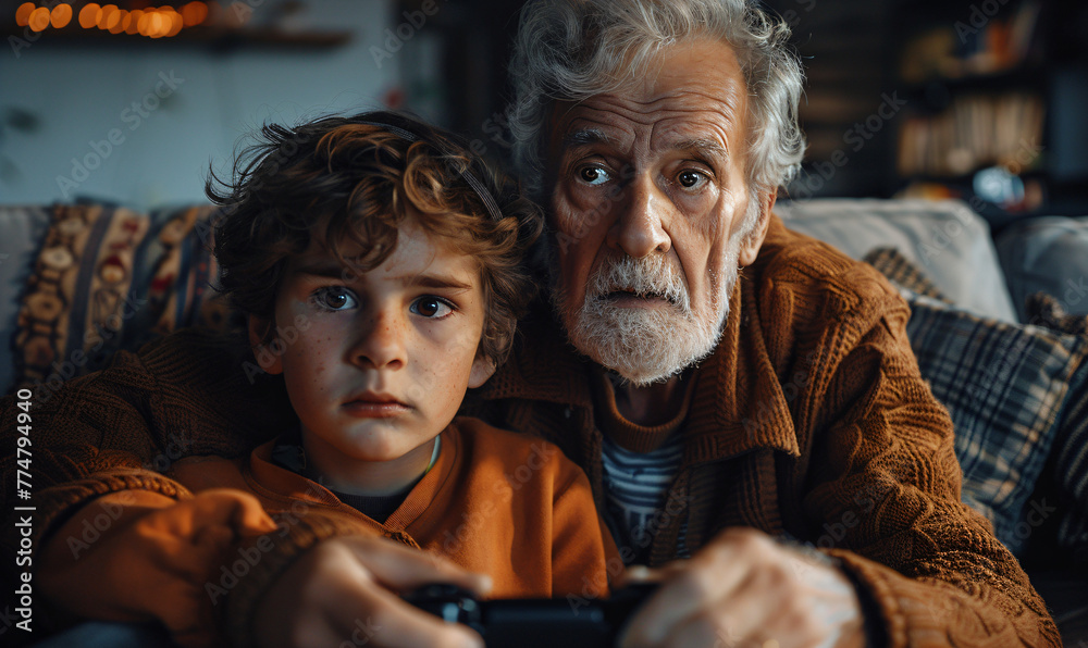 Grandfather and grandson playing video games together. Intergenerational bonding and leisure time concept. Design for family entertainment, lifestyle articles, and digital literacy promotion Grandfather and grandson playing video games together. Intergenerational bonding and leisure time concept. Design for family entertainment, lifestyle articles, and digital literacy promotion