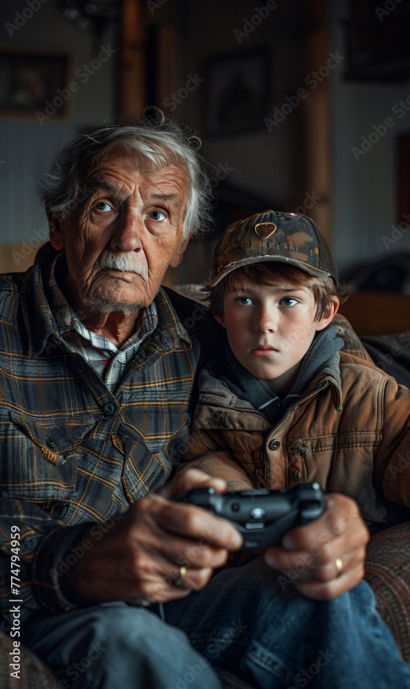 Fototapeta premium Grandfather and grandson playing video games together. Intergenerational bonding and leisure time concept. Design for family entertainment, lifestyle articles, and digital literacy promotion