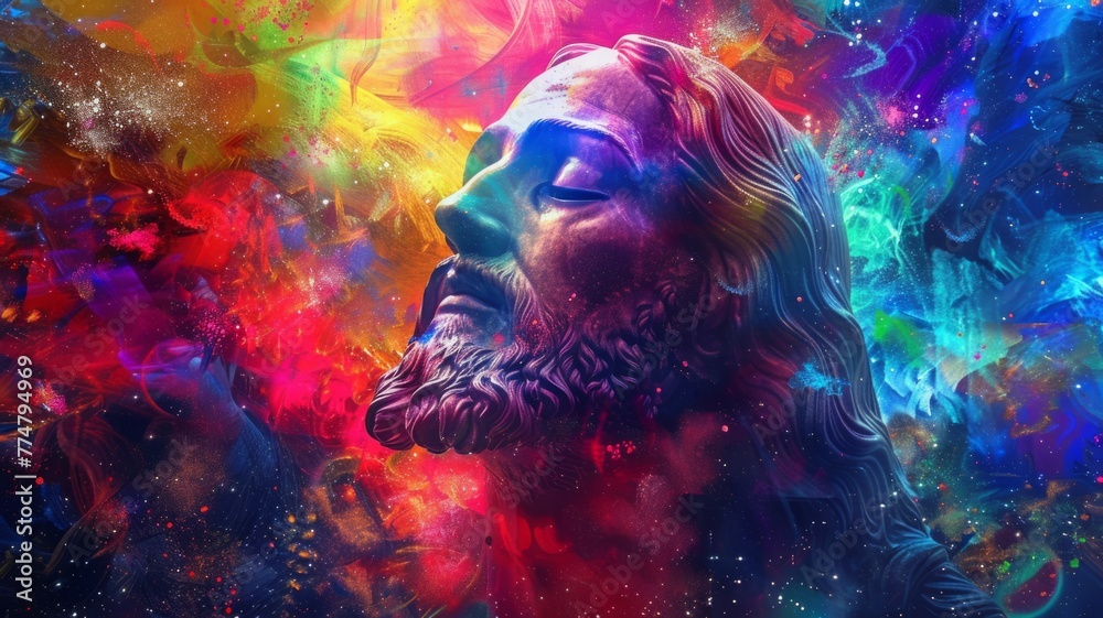 Fototapeta premium Vibrant Jesus Christ Portrait in Color Splashes - Abstract and colorful representation of Jesus Christ's face in a modern artistic style, symbolizing spirituality amidst chaos