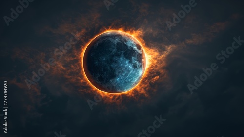 A close up of a blue and orange glowing moon, AI