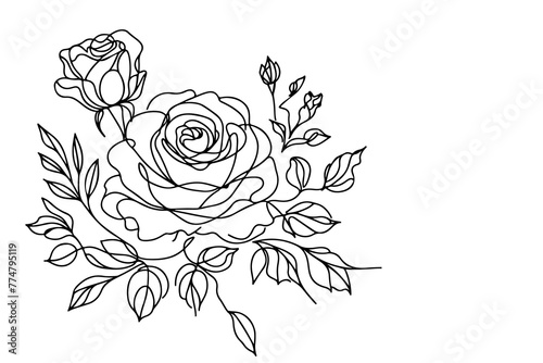 Continuous one black line art drawing beautiful rose outline doodle coloring vector illustration on white background