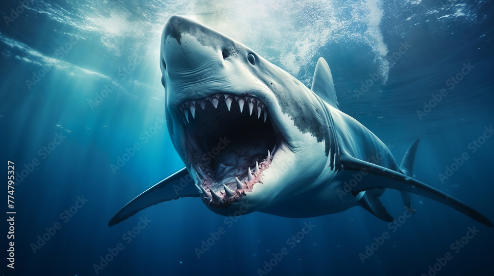 A great white shark with its mouth open in the ocean Stock Photo ...