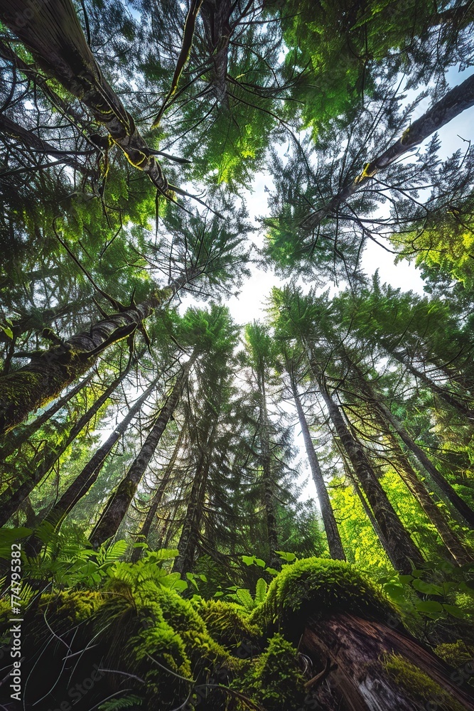 Fototapeta premium Looking Up Among Tall Forest Trees