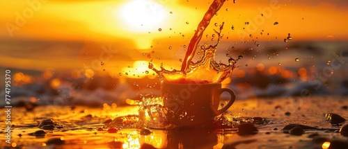 An energetic splash of coffee being poured into a cup at sunrise creating a warm