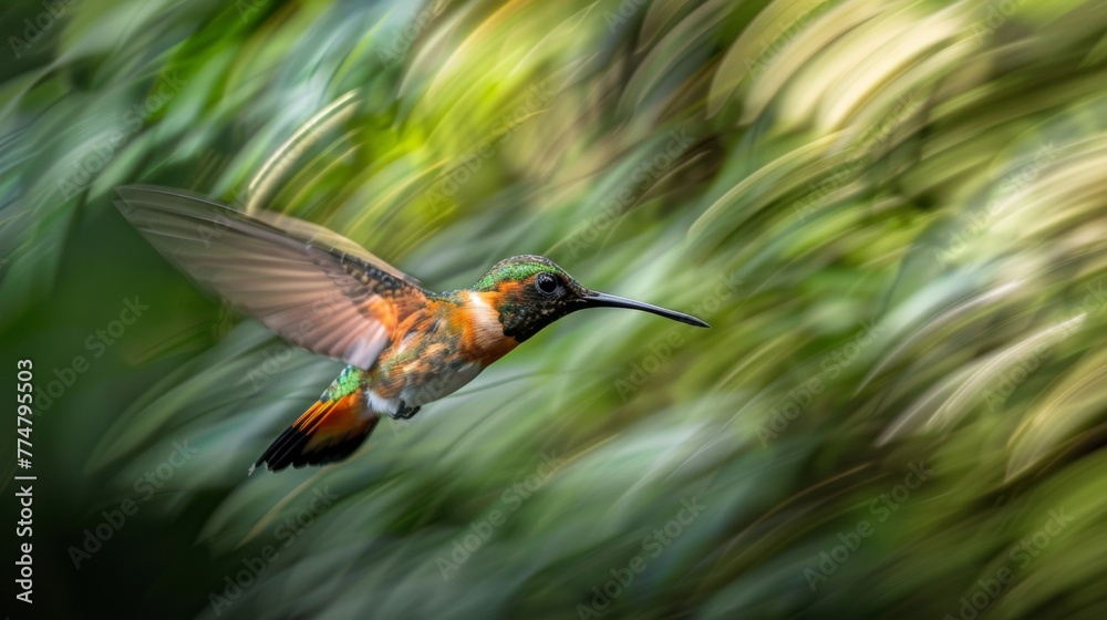 Fototapeta premium A colorful bird flying through a blurry background of trees, AI