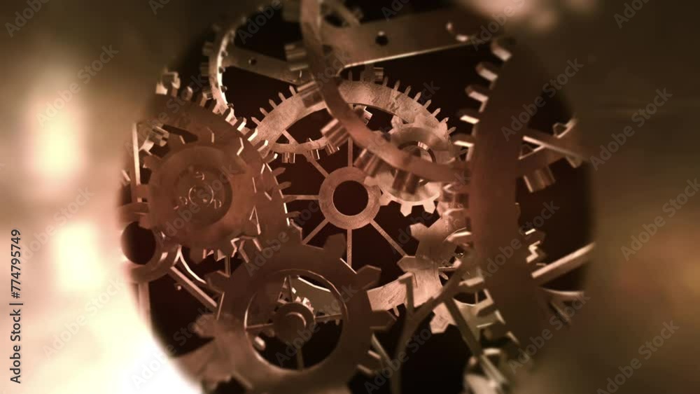 Rusty Machine Gears Slowly Rotating. Camera Moving Forward. Perfect Loop. Industry Related Abstract 3D Animation Concept.