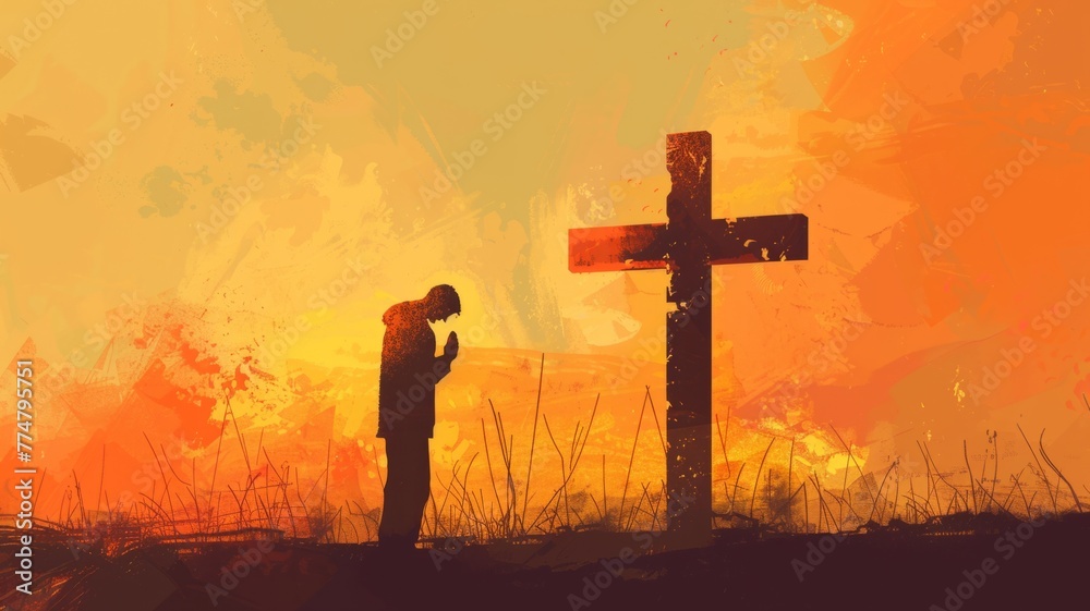 Silhouette of a woman praying at a crimson cross - An emotional ...