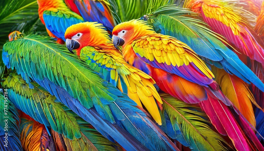 Obraz premium Tropical Kaleidoscope: Vibrant Feathers of Exotic Birds in a Colorful Tapestry
