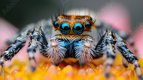 Vibrant jumping spider on an orange flower. Macro shot with shallow depth of field. Wildlife and nature concept for educational use and ecological awareness © Ekaterina