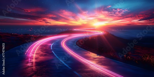 The dynamic path reminiscent of a fast-moving highway in a virtual reality setting illuminated by futuristic neon lights. Concept Futuristic, Virtual Reality, Highway, Neon Lights, Dynamic Path