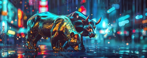 A bear and bull in the stock market, one of them is on top with gold elements, the other side has silver metal colors, in the style of cyberpunk, with a stock exchange background