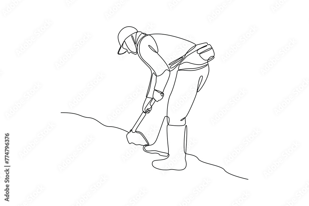 Single one line drawing of a young farmer is cleaning the garden.. Farming challenge minimal concept. Continuous line draw design graphic vector illustration. Single one line drawing of a young farmer is cleaning the garden.. Farming challenge minimal concept. Continuous line draw design graphic vector illustration.