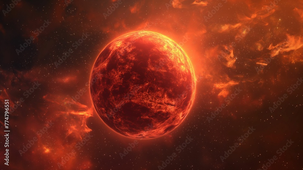 Image of a large, bright red planet in the star-strewn expanse of space.