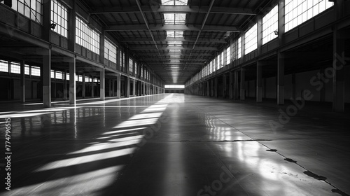 Black and white image of empty warehouse.