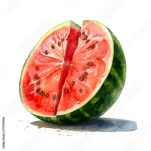 Illustration of a shiny watermelon split in half so that its cross section can be seen, painted in watercolor on a white background.