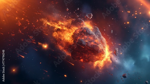 Fiery explosion of a red-hot asteroid hurtling through space.