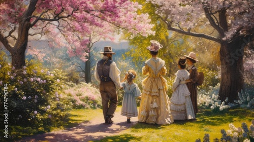 An art piece depicting a family enjoying a day at the park, walking under the sun hats and trees, surrounded by green grass. A fun outdoor recreation event in a beautiful landscape AIG42E photo