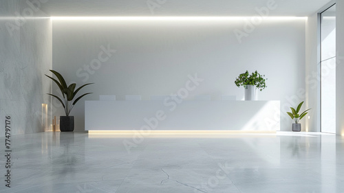 A white interior wall with beautiful built-in lighting, creating an elegant and serene ambiance © Yuwarin