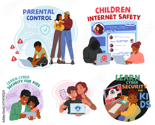 Parental Control and Web Safety Vector Set. Parents Use Tools Help Monitor And Manage Their Children Online Activities